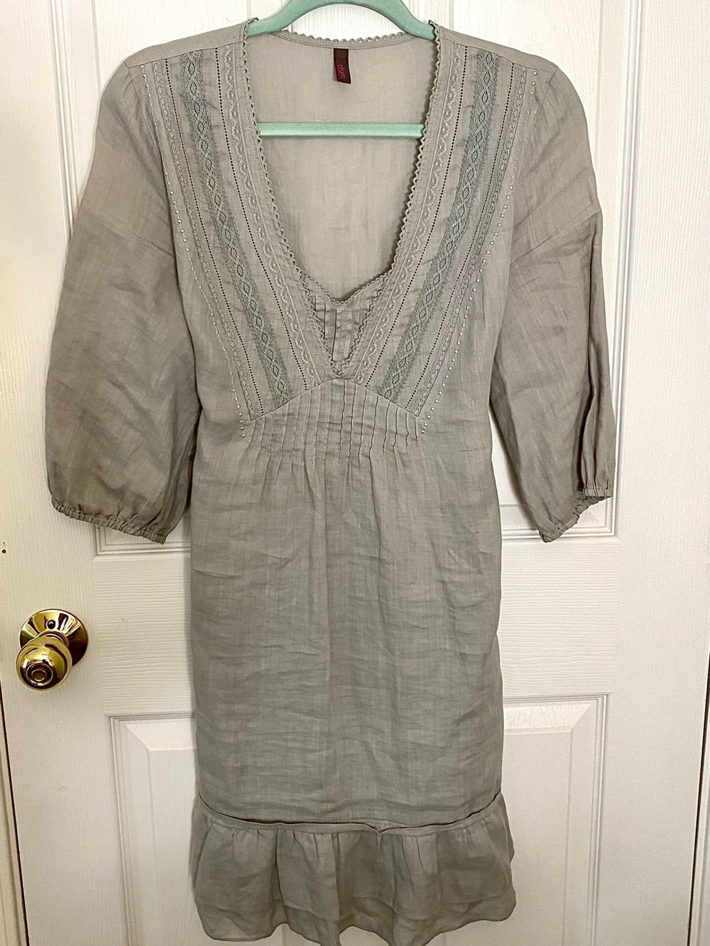 Light Taupe Linen Embroidered V-Neck Dress